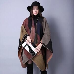 2/$30 NEW Boho Colorblock Earth Tones Ruana Oversized Open Wrap Poncho Blanket